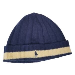 Vtg Polo Ralph Lauren Brushed Stripe Beanie Hat Lambswool Pony Blue Yellow Y2K